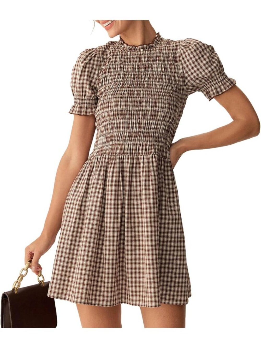 Plaid Gingham Mini Dress - Short Sleeve Smocked Style for Women, Cute & Trendy